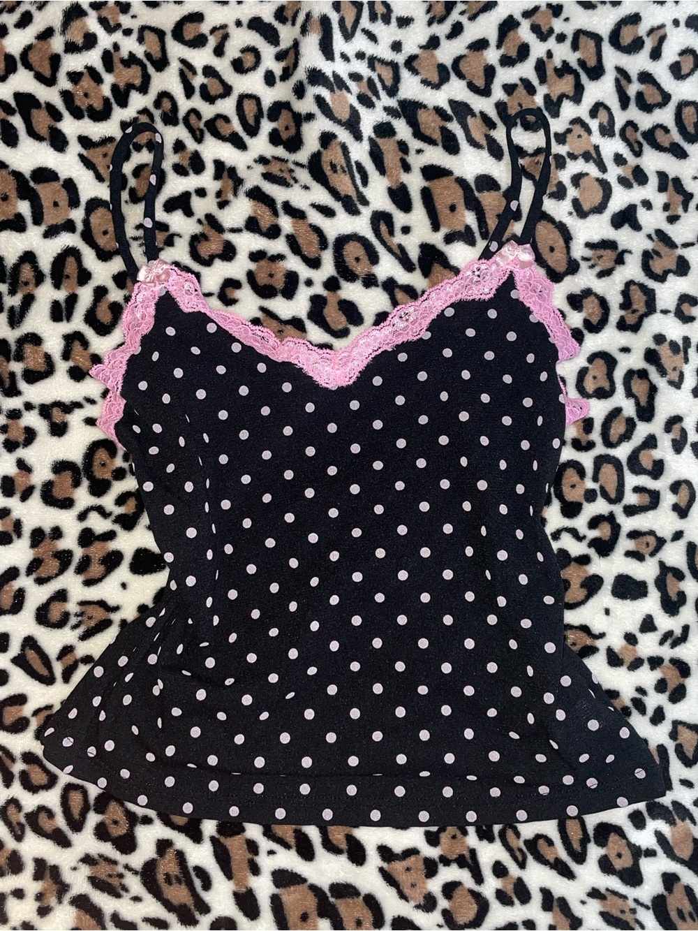 ♡ Black Cami with Pink Polka Dots and Pink Lace Trim